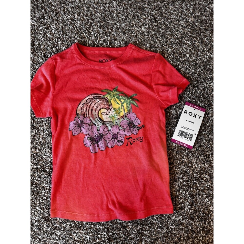 Roxy Women’s Baby Tee XXS Coral Tropical Hibiscus Palm Wave Graphic NWT